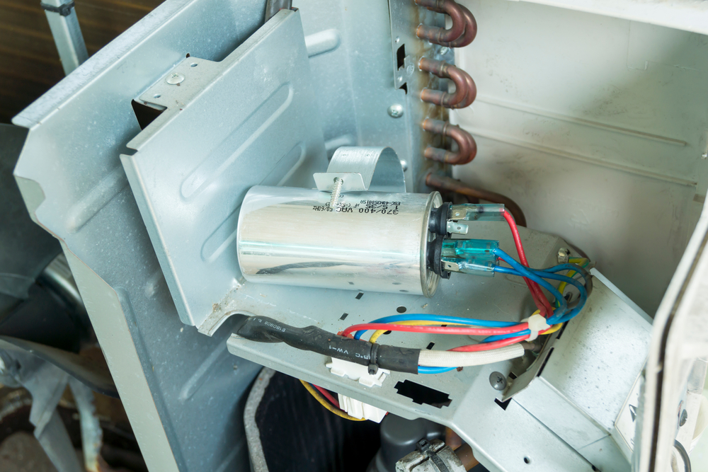 Inside view of electrical components in an HVAC unit